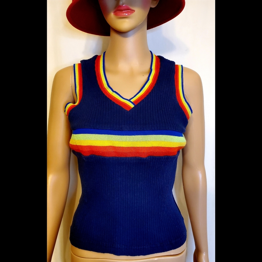 True Vintage SELF ESTEEM Knit Top Blue w/ Rainbow Trim